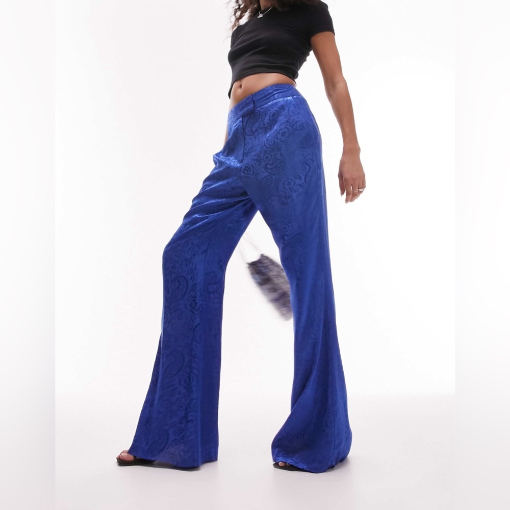 NWT Topshop Jacquard Wide Leg Pants in Cobalt Blue Paisley Print Size US 8 - Picture 2 of 4
